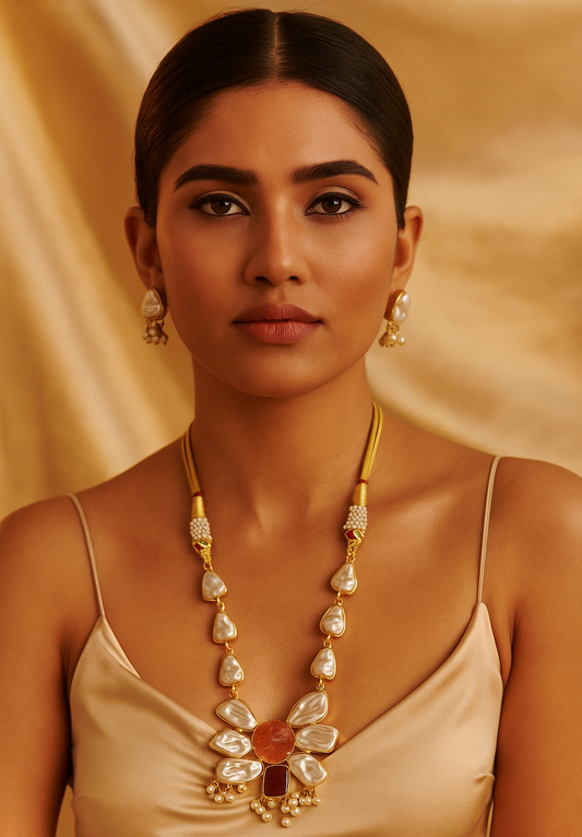 Carnelian Brass Mother Pearl Statement Set