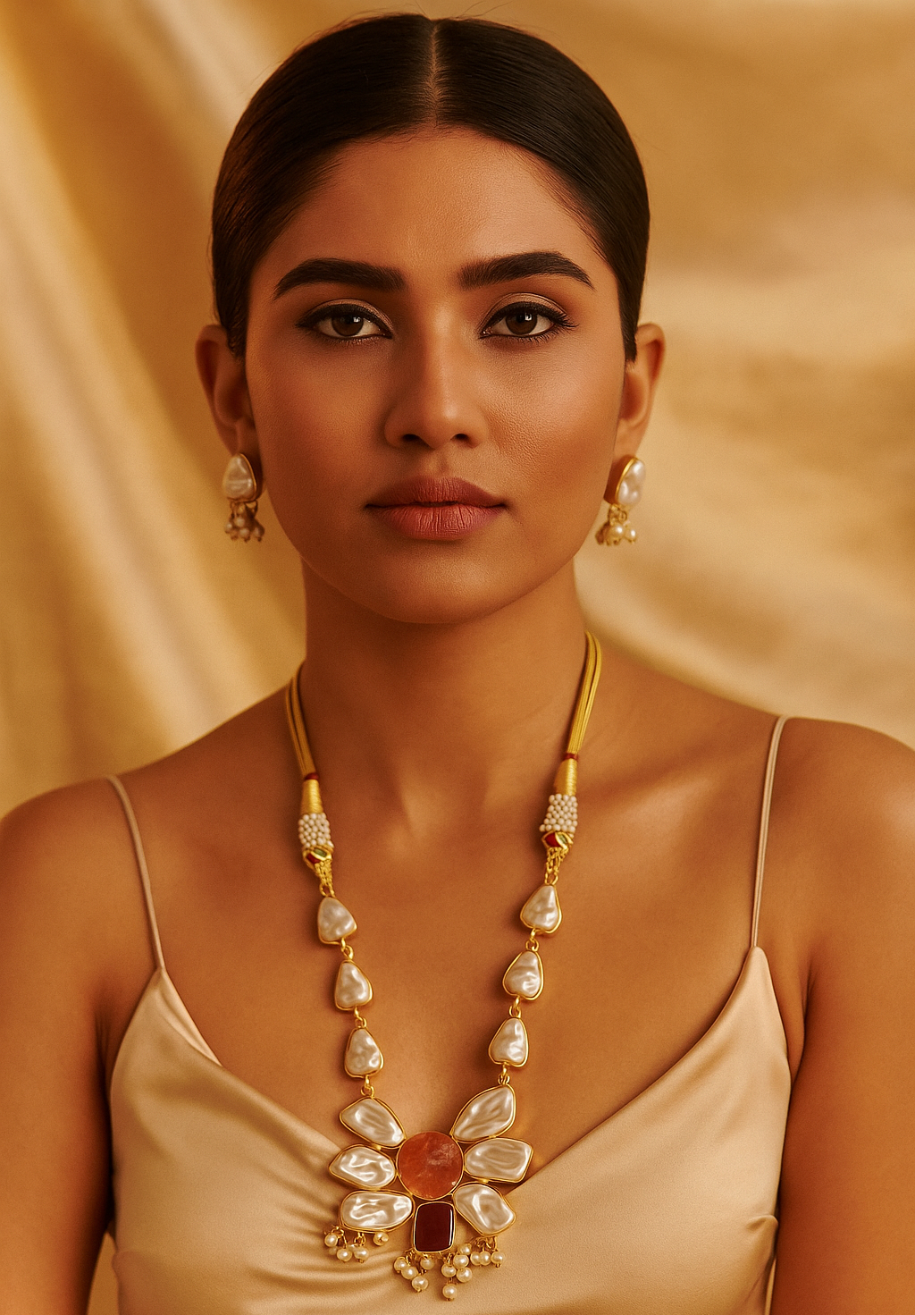 Carnelian Brass Mother Pearl Statement Set