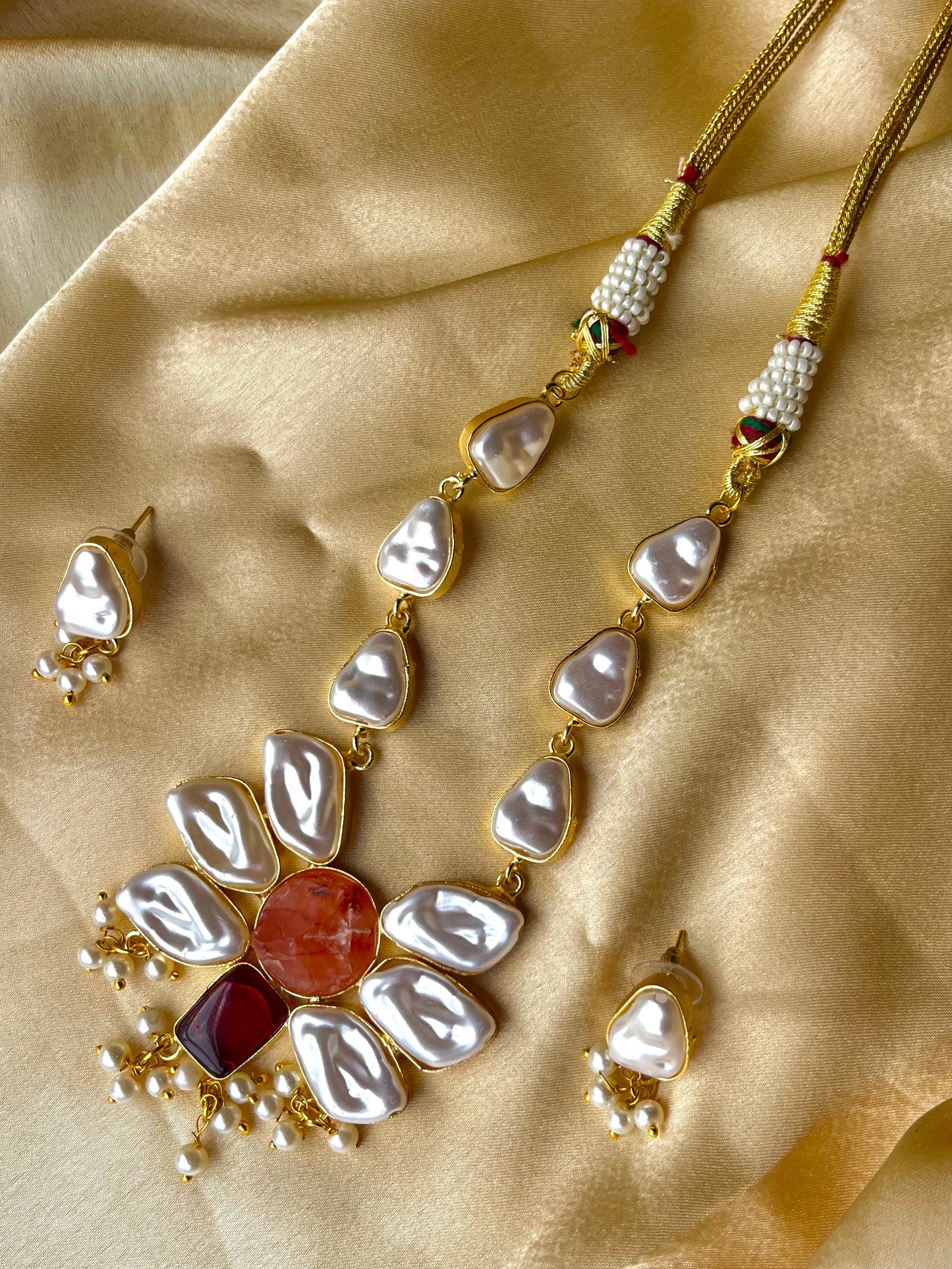 Carnelian Brass Mother Pearl Statement Set